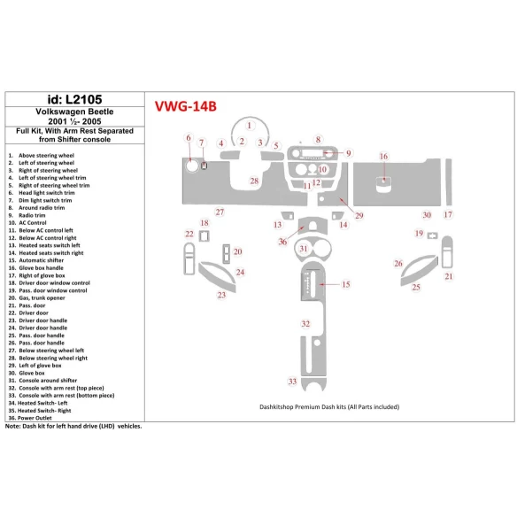 Volkswagen Beetle 2001-2005 Full Set fits Cabrio and Coupe With Armrest Interior BD Dash Trim Kit
