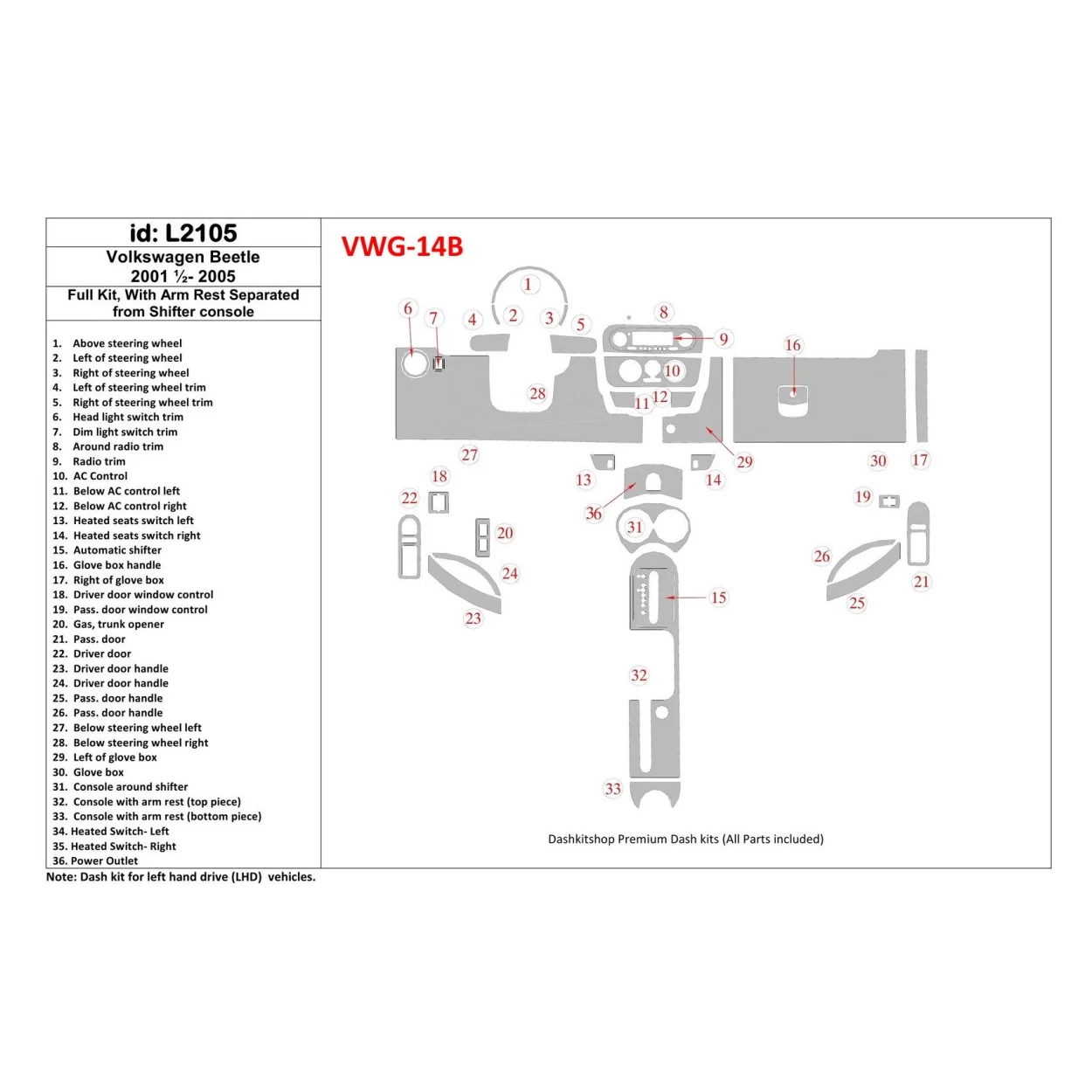 Volkswagen Beetle 2001-2005 Full Set fits Cabrio and Coupe With Armrest Interior BD Dash Trim Kit