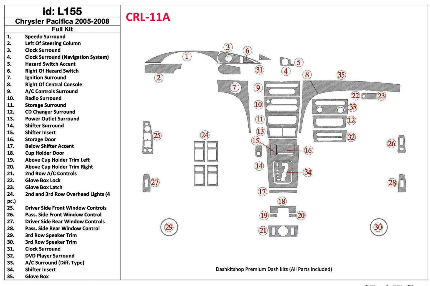 Chrysler Pacifica 2005-UP Full Set Interior BD Dash Trim Kit - 1 - Interior Dash Trim Kit