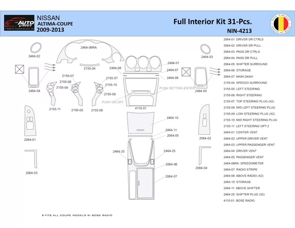 Nissan Altima 2009-2013 Interior WHZ Dashboard trim kit 31 Parts - 1 - Interior Dash Trim Kit