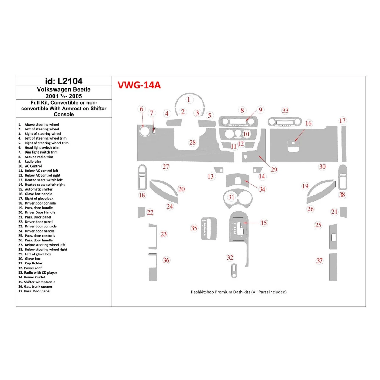 Volkswagen Beetle 2001-2005 Full Set Interior BD Dash Trim Kit