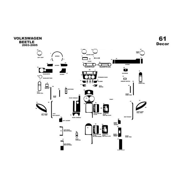 Volkswagen Beetle 2003-2005 3D Interior Dashboard Trim Kit Dash Trim Dekor 61-Parts
