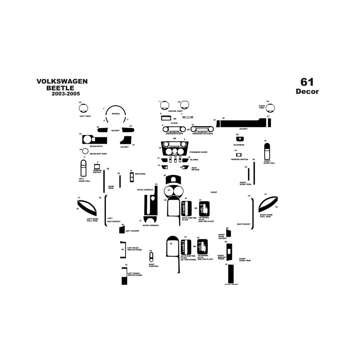 Volkswagen Beetle 2003-2005 3D Interior Dashboard Trim Kit Dash Trim Dekor 61-Parts