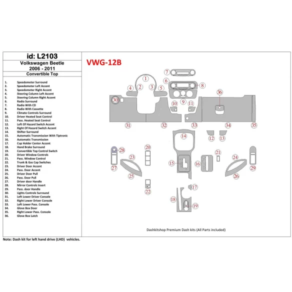 Volkswagen Beetle 2006-2011 Full Set, fits (Cabrio) Interior BD Dash Trim Kit