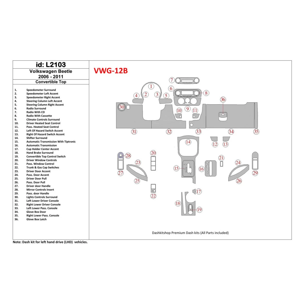 Volkswagen Beetle 2006-2011 Full Set, fits (Cabrio) Interior BD Dash Trim Kit