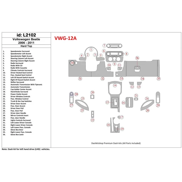 Volkswagen Beetle 2006-2011 Full Set, Soft roof-Coupe Not-Cabrio Interior BD Dash Trim Kit