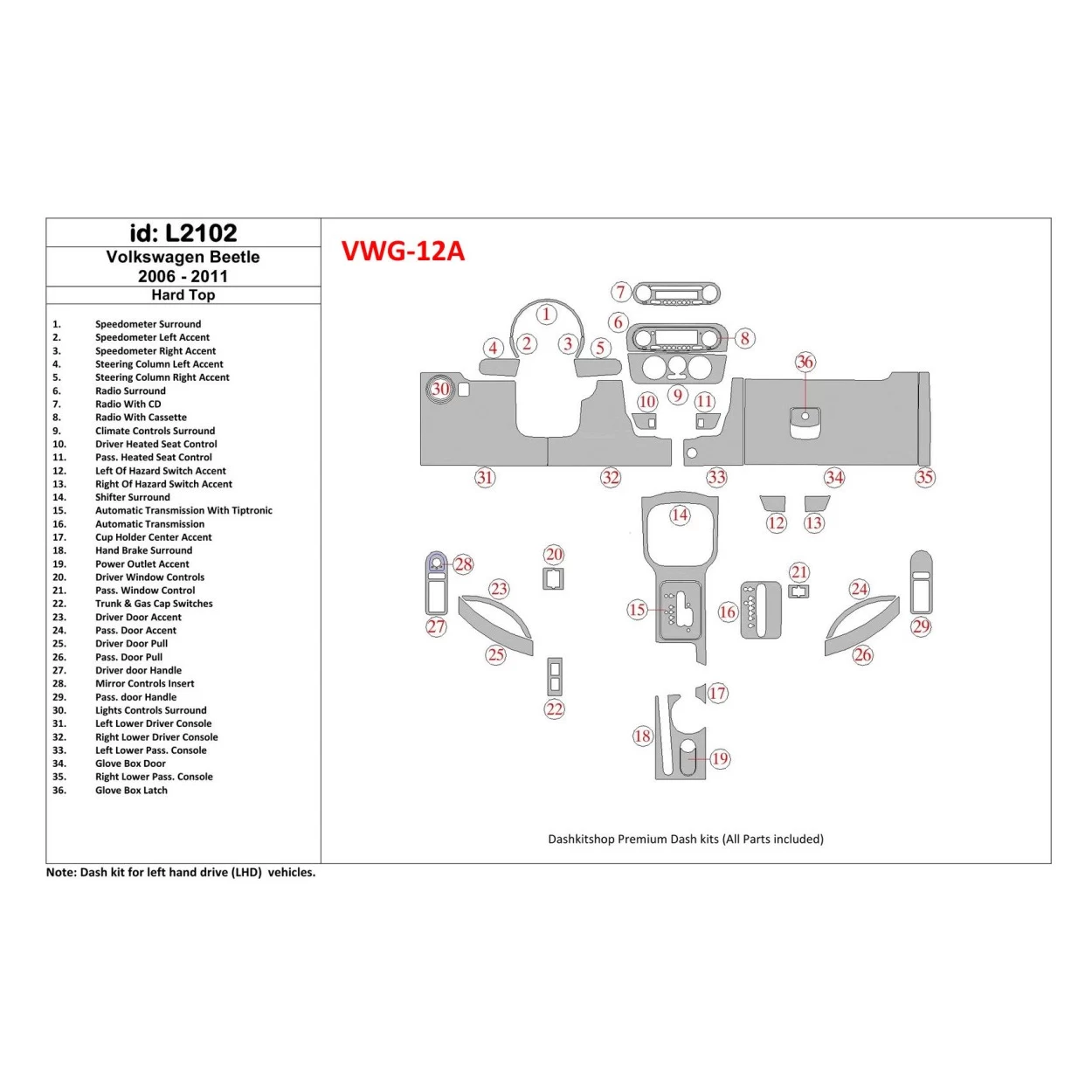 Volkswagen Beetle 2006-2011 Full Set, Soft roof-Coupe Not-Cabrio Interior BD Dash Trim Kit