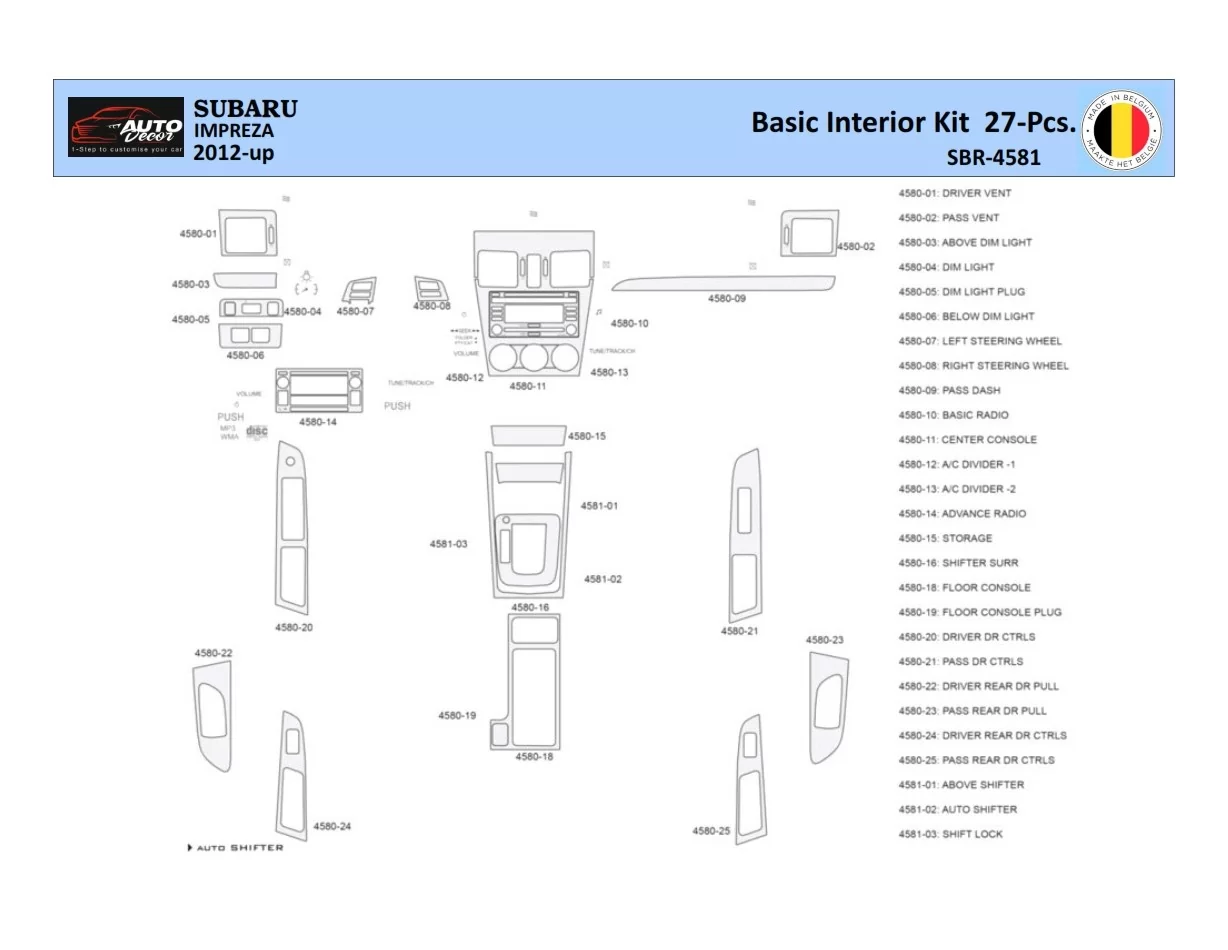 Subaru Impreza 2012 Interior WHZ Dashboard trim kit 27 Parts - 1 - Interior Dash Trim Kit
