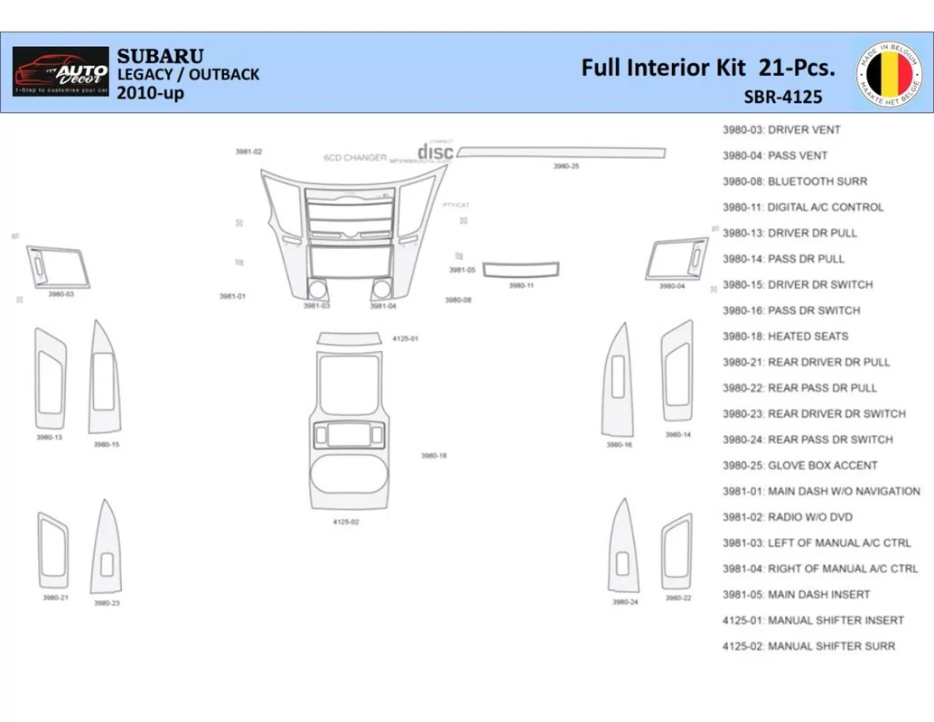 Subaru Legacy Outback 2010 Interior WHZ Dashboard trim kit 21 Parts - 1 - Interior Dash Trim Kit