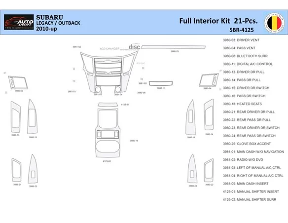 Subaru Legacy Outback 2010 Interior WHZ Dashboard trim kit 21 Parts - 1 - Interior Dash Trim Kit