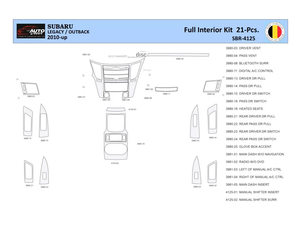 Subaru Legacy Outback 2010 Interior WHZ Dashboard trim kit 21 Parts - 1 - Interior Dash Trim Kit