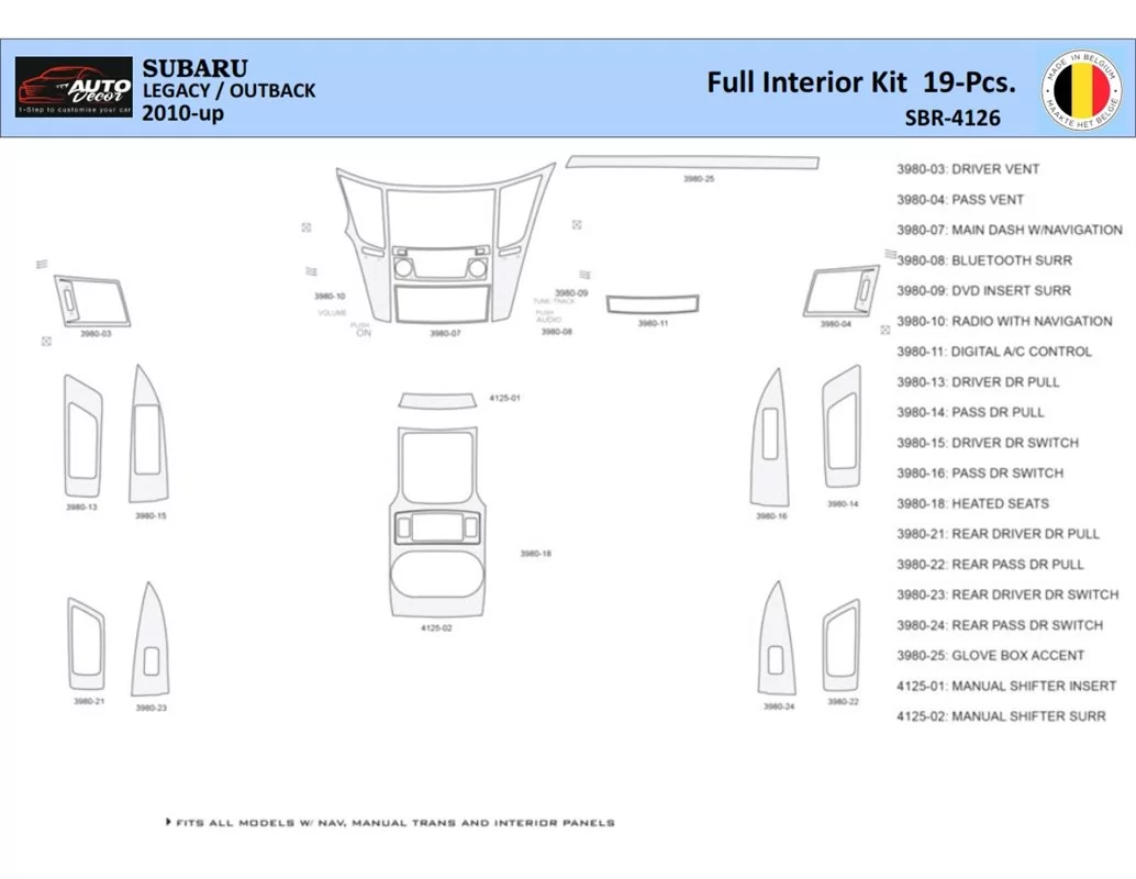 Subaru Legacy-Outback 2010 Interior WHZ Dashboard trim kit 19 Parts - 1 - Interior Dash Trim Kit