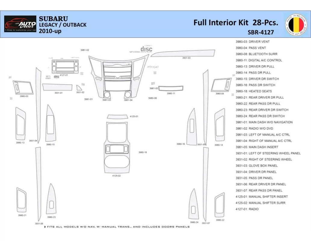 Subaru Legacy-Outback 2010 Interior WHZ Dashboard trim kit 28 Parts - 1 - Interior Dash Trim Kit