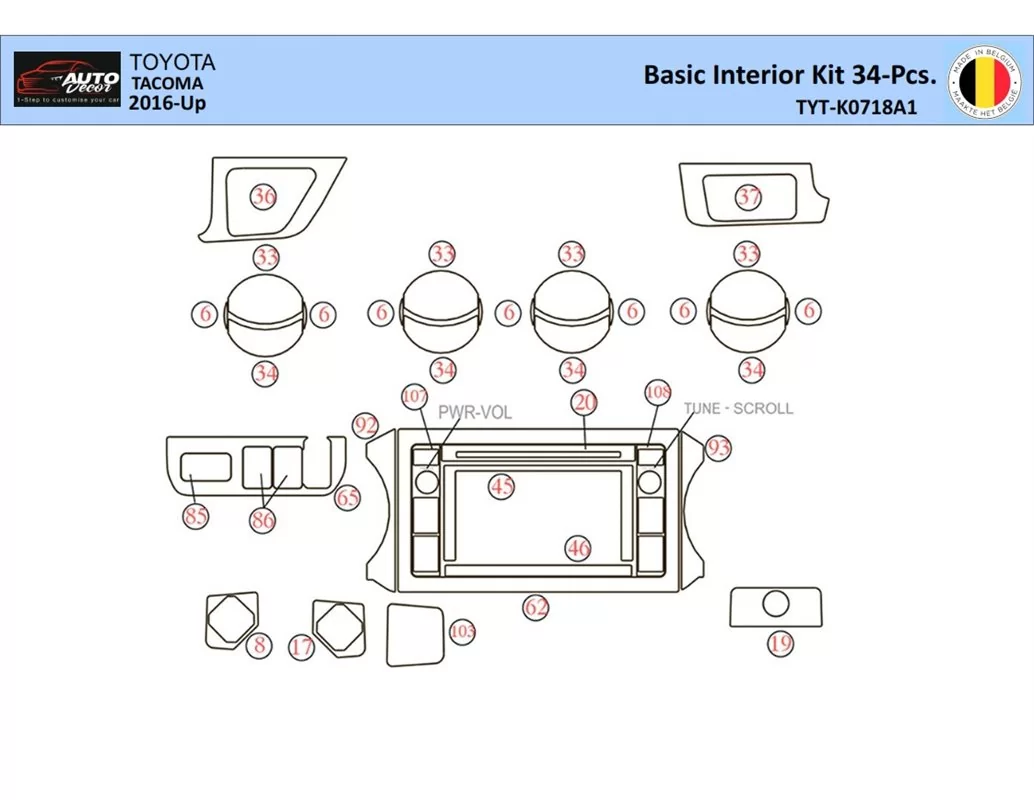 Toyota Tacoma 2016-2021 Interior WHZ Dashboard trim kit 34 Parts - 1 - Interior Dash Trim Kit