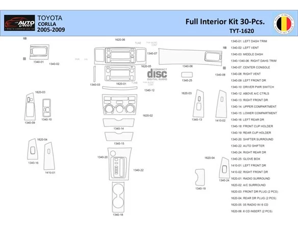 Toyota Corolla 2005 Interior WHZ Dashboard trim kit 30 Parts - 1 - Interior Dash Trim Kit