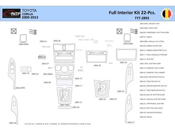 Toyota Corolla 2009 Interior WHZ Dashboard trim kit 22 Parts - 1 - Interior Dash Trim Kit