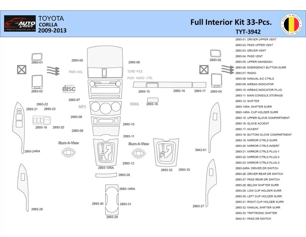 Toyota Corolla 2009 Interior WHZ Dashboard trim kit 33 Parts - 1 - Interior Dash Trim Kit