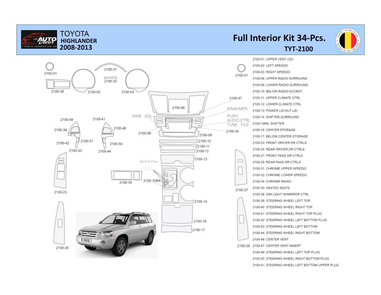 Toyota Highlander 2008-2013 Interior WHZ Dashboard trim kit 34 Parts - 1 - Interior Dash Trim Kit