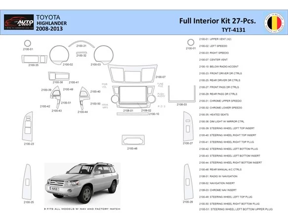 Toyota Highlander 2008-2013 Interior WHZ Dashboard trim kit 27 Parts - 1 - Interior Dash Trim Kit