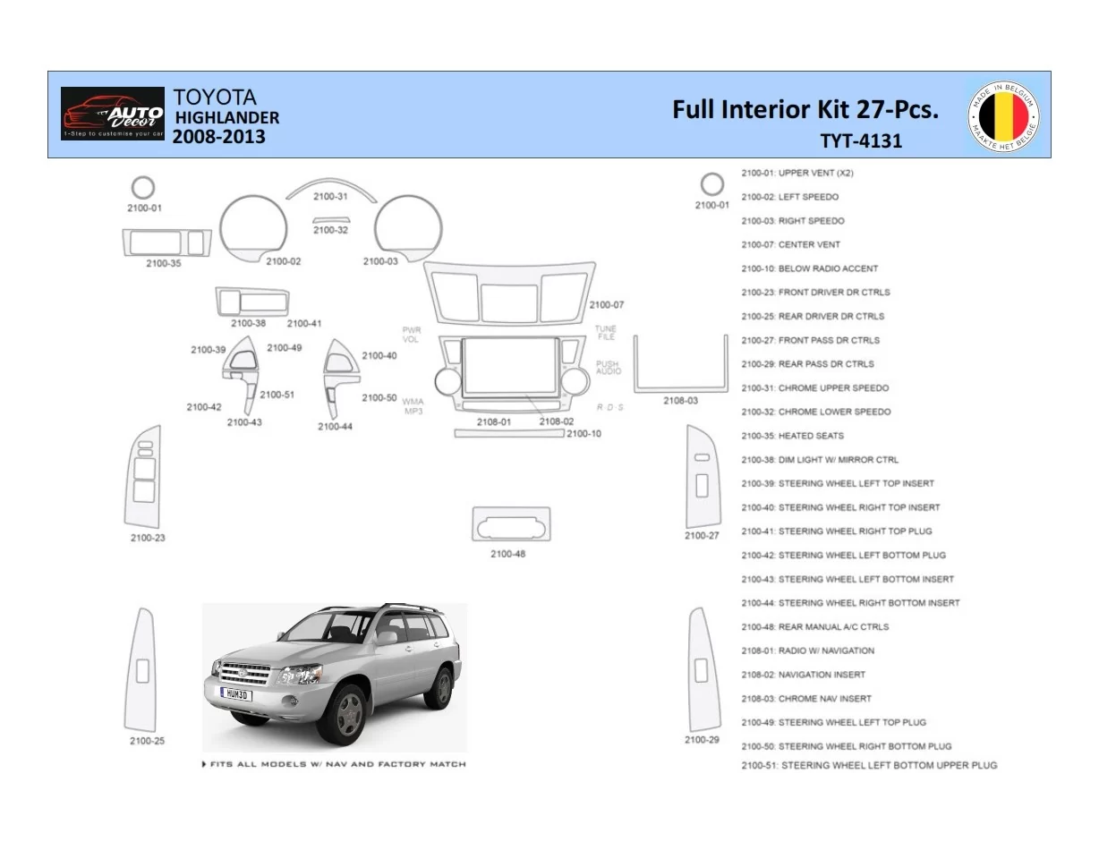 Toyota Highlander 2008-2013 Interior WHZ Dashboard trim kit 27 Parts - 1 - Interior Dash Trim Kit