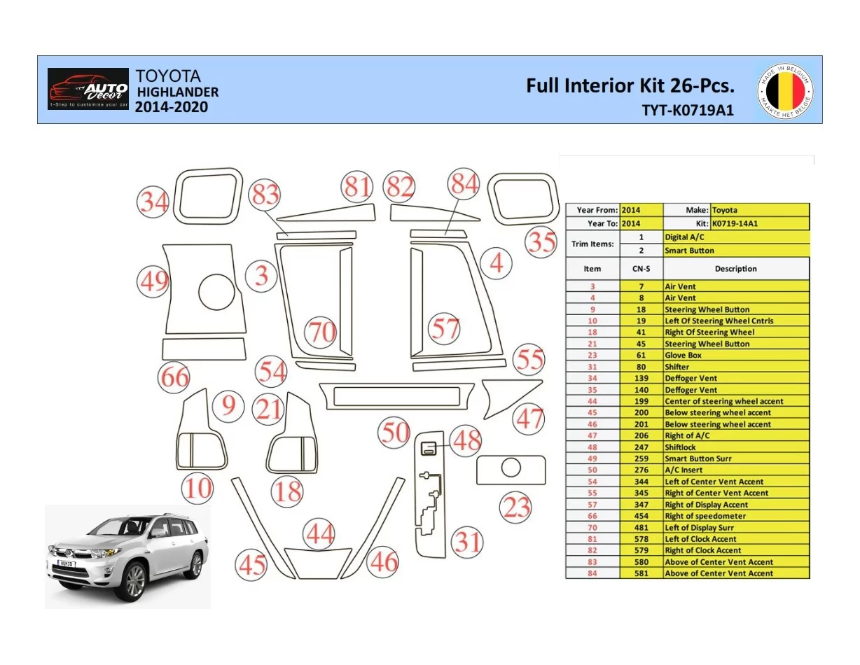 Toyota Highlander 2013-2016 Interior WHZ Dashboard trim kit 26 Parts - 1 - Interior Dash Trim Kit