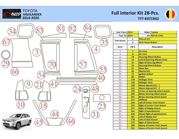 Toyota Highlander 2013-2016 Interior WHZ Dashboard trim kit 28 Parts - 1 - Interior Dash Trim Kit