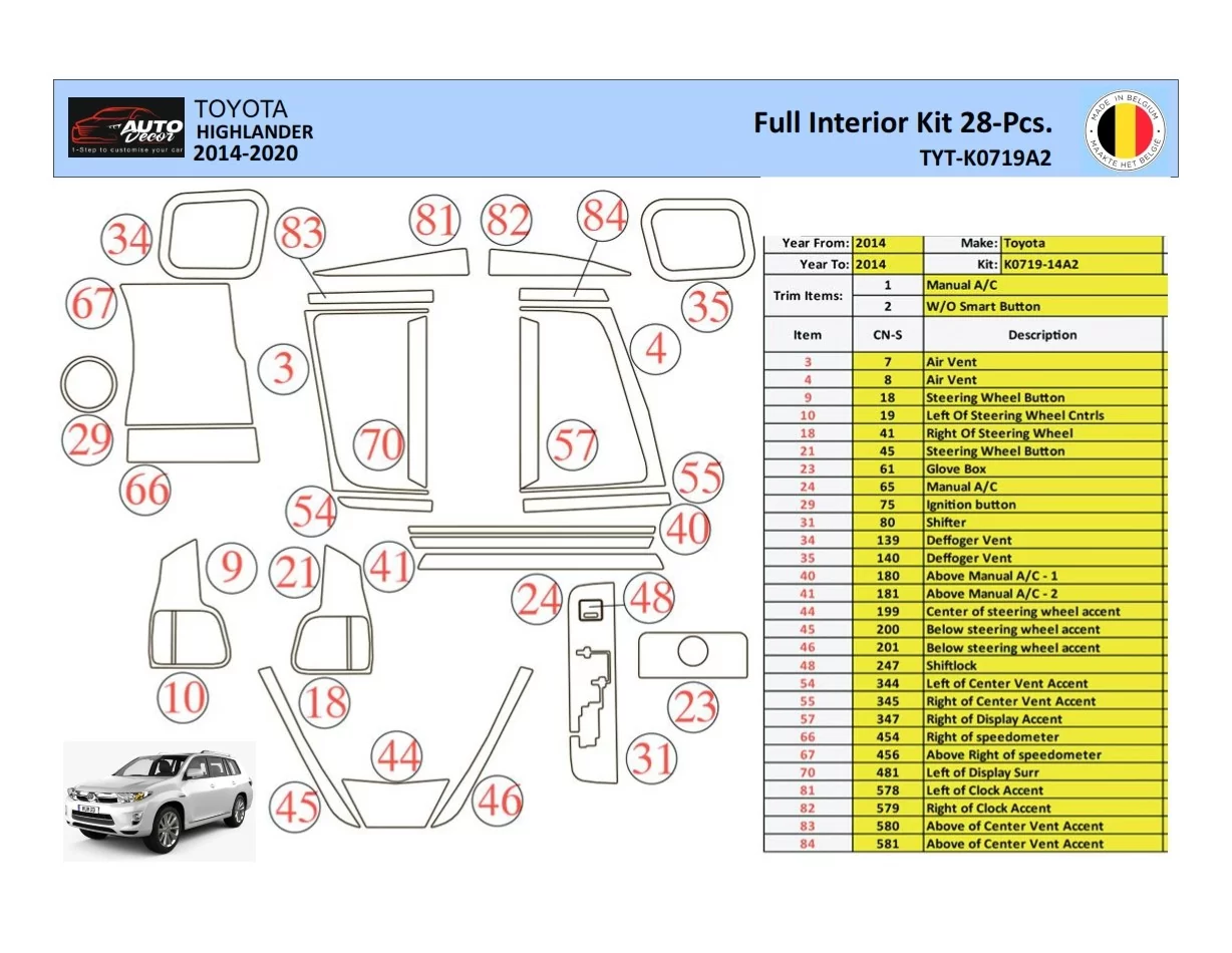 Toyota Highlander 2013-2016 Interior WHZ Dashboard trim kit 28 Parts - 1 - Interior Dash Trim Kit