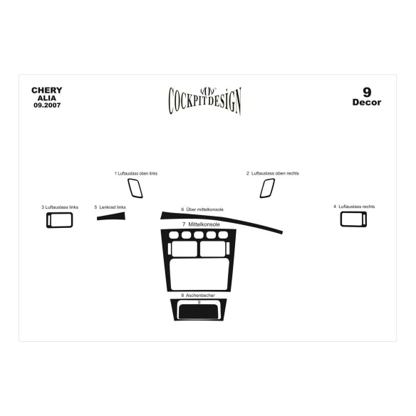 Chery Alia 09.2007 3D Interior Dashboard Trim Kit Dash Trim Dekor 9-Parts