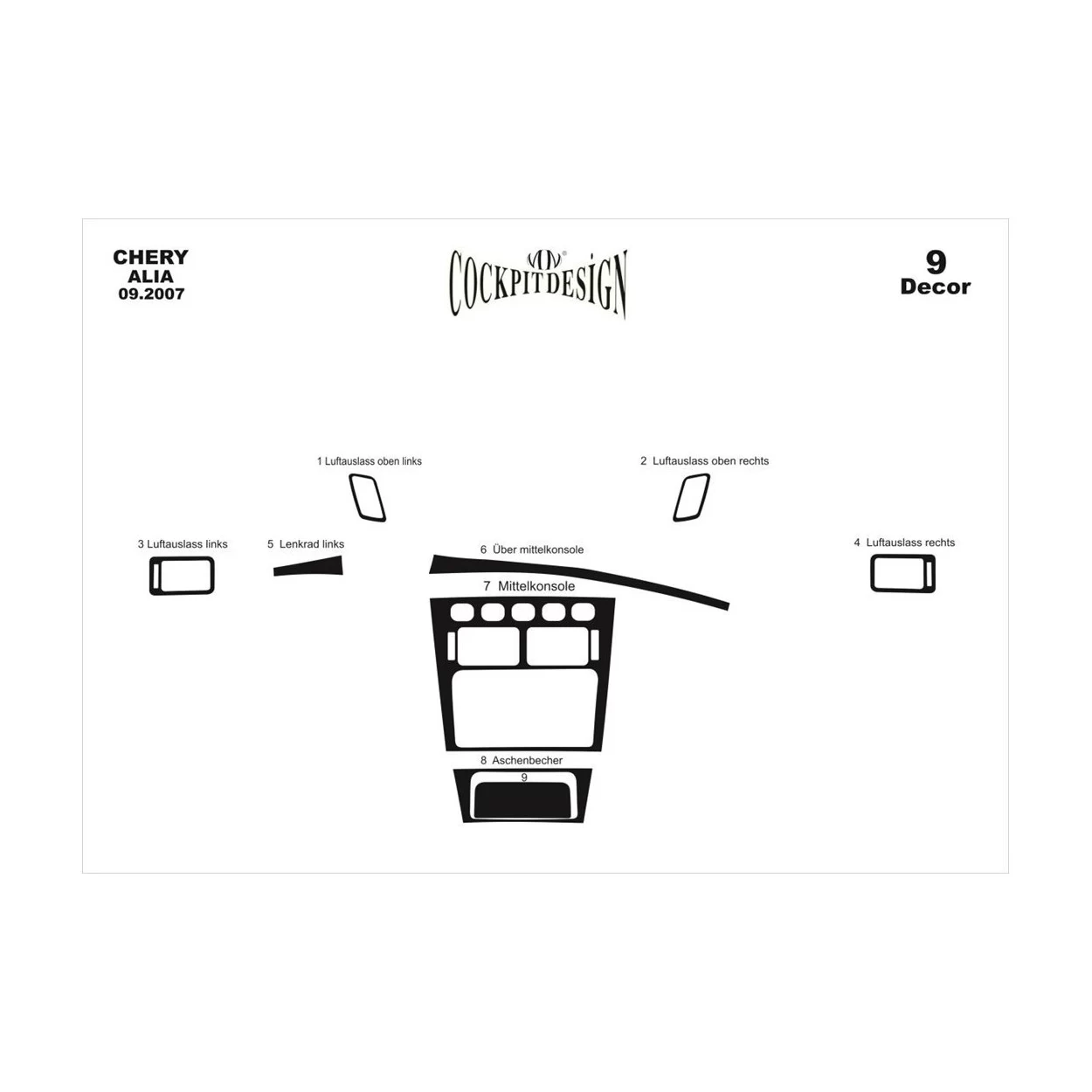 Chery Alia 09.2007 3D Interior Dashboard Trim Kit Dash Trim Dekor 9-Parts