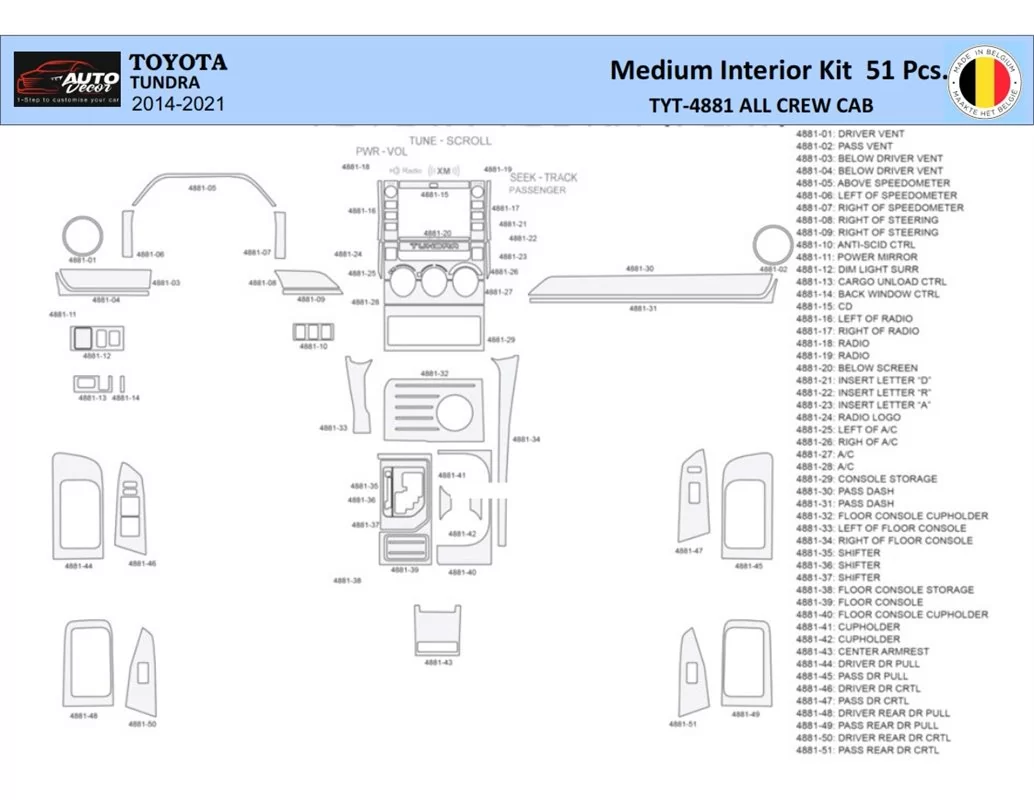 Toyota Tundra 2014-2021 Interior WHZ Dashboard trim kit 51 Parts - 1 - Interior Dash Trim Kit