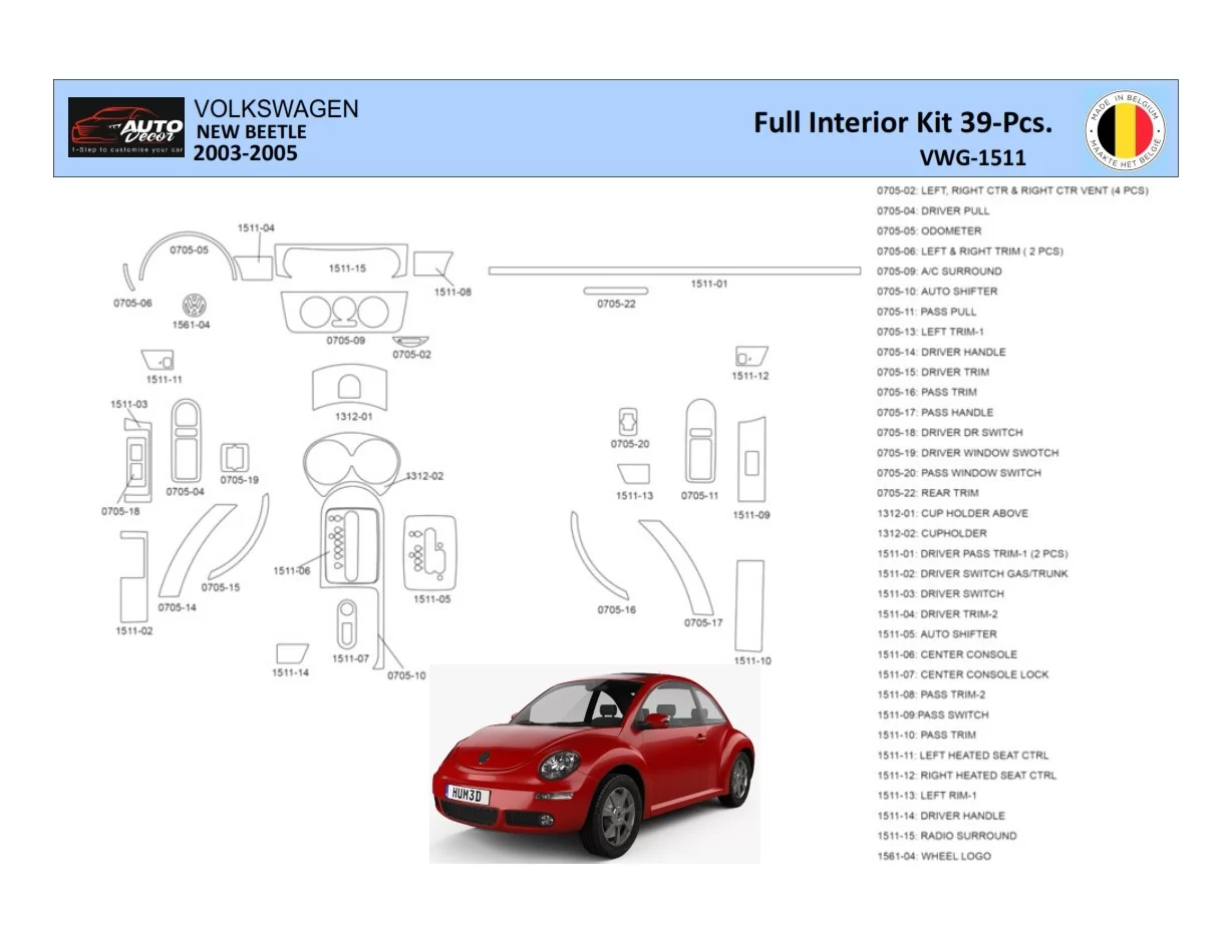 VolksWagen Beetle 2002-2005 Interior WHZ Dashboard trim kit 41 Parts - 1 - Interior Dash Trim Kit