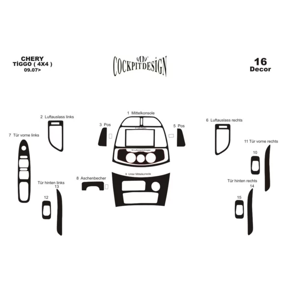 Chery Tiggo 4x4 09.2007 3D Interior Dashboard Trim Kit Dash Trim Dekor 16-Parts