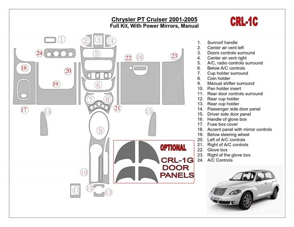 Chrysler PT Cruiser 2001-2005 Full Set, With Power Mirrors, Manual Gearbox, 23 Parts set Interior BD Dash Trim Kit - 1 - Interio
