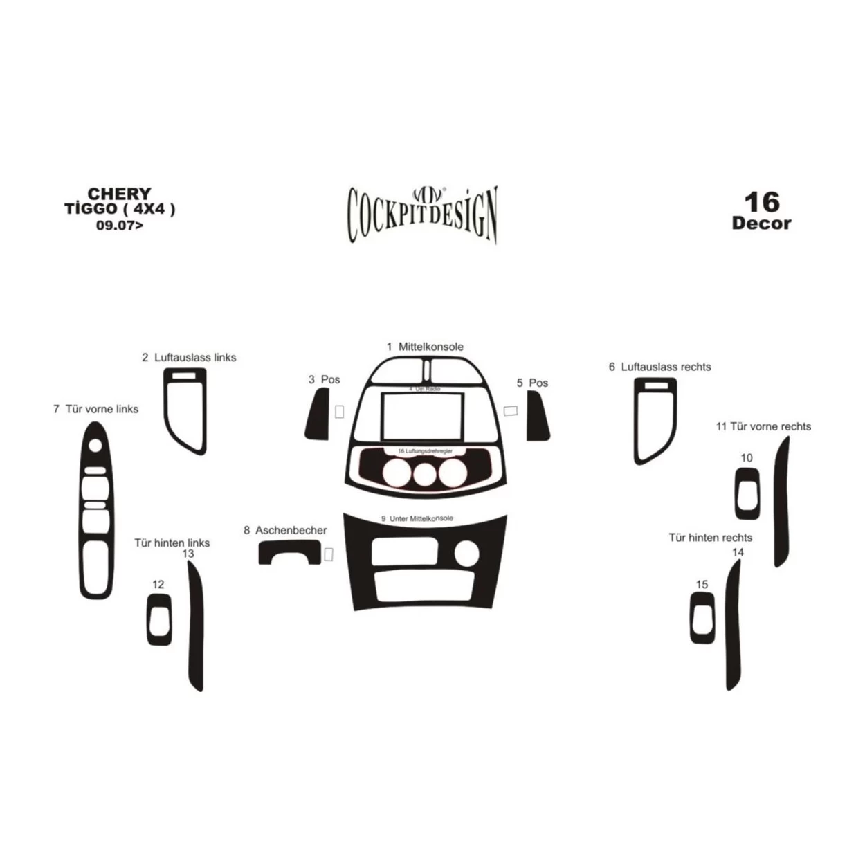 Chery Tiggo 4x4 09.2007 3D Interior Dashboard Trim Kit Dash Trim Dekor 16-Parts
