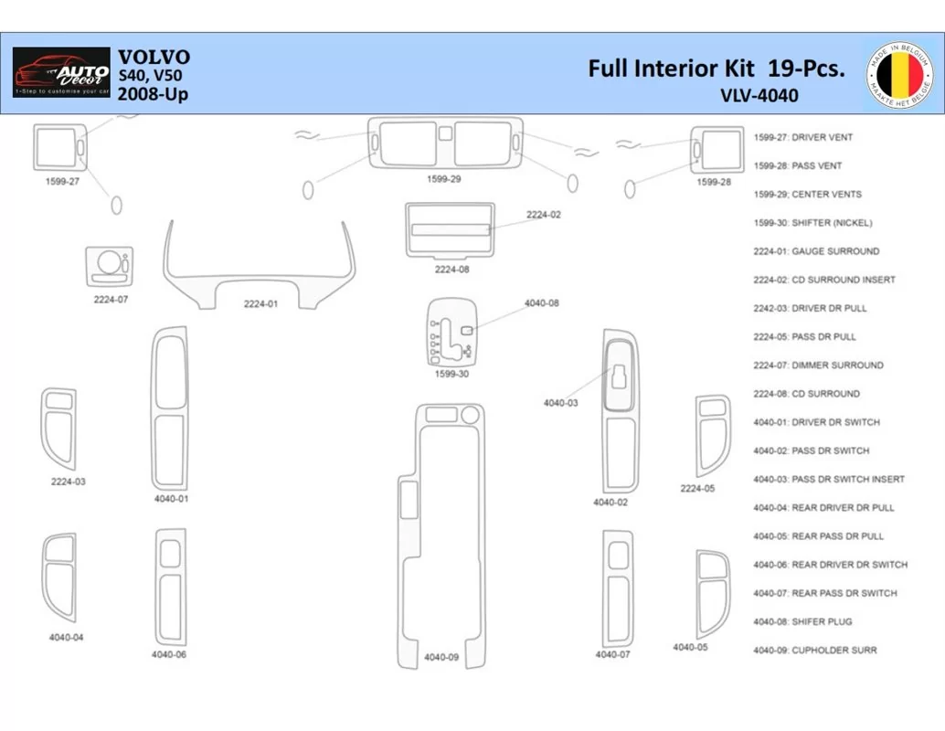Volvo S40-V50 2004-2012 Interior WHZ Dashboard trim kit 19 Parts - 1 - Interior Dash Trim Kit