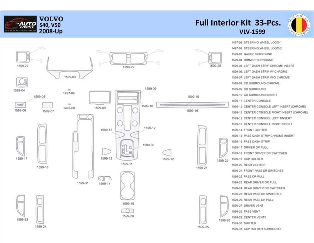Volvo S50 2004-2009 Interior WHZ Dashboard trim kit 33 Parts - 1 - Interior Dash Trim Kit