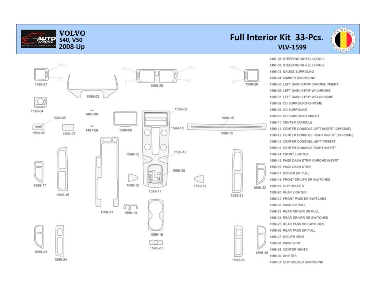Volvo S50 2004-2009 Interior WHZ Dashboard trim kit 33 Parts - 1 - Interior Dash Trim Kit