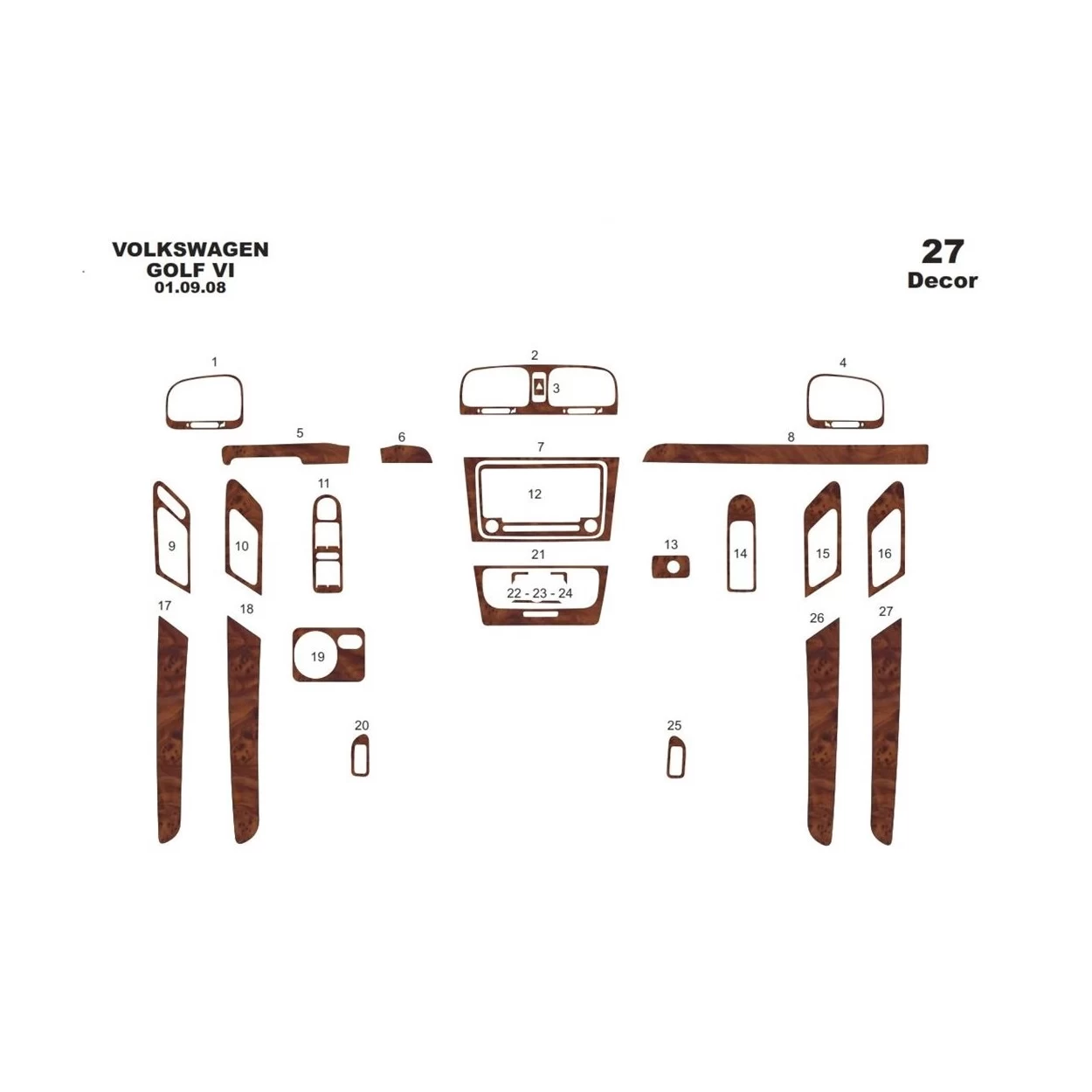 Volkswagen Golf VI 09.2008 3D Interior Dashboard Trim Kit Dash Trim Dekor 27-Parts
