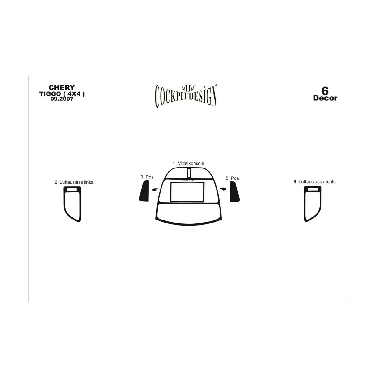 Chery Tiggo 4x4 09.2007 3D Interior Dashboard Trim Kit Dash Trim Dekor 6-Parts