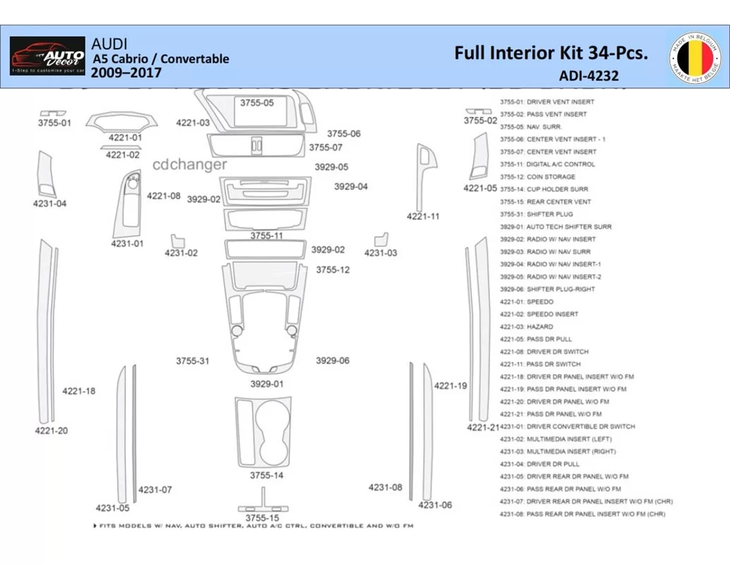 Audi A5 Cabrio 2008–2016 Interior WHZ Dashboard trim kit 40 Parts - 1 - Interior Dash Trim Kit