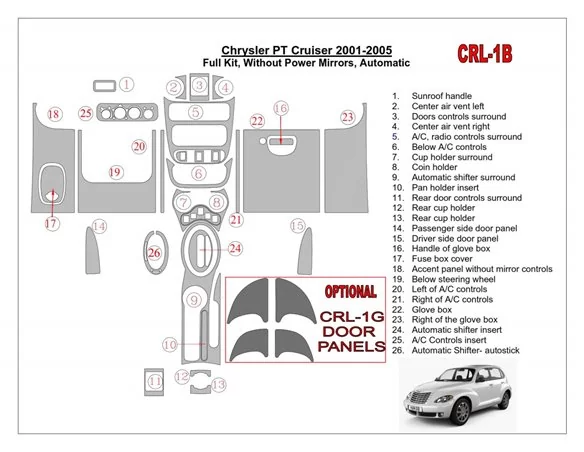 Chrysler PT Cruiser 2001-2005 Full Set, Without Power Mirrors, Automatic Gearbox, 24 Parts set Interior BD Dash Trim Kit