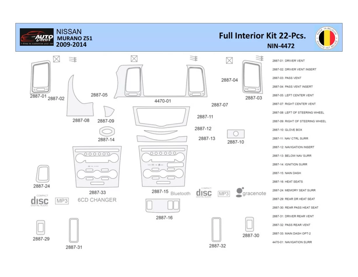 Nissan Murano 2011 Interior WHZ Dashboard trim kit 22 Parts - 1 - Interior Dash Trim Kit