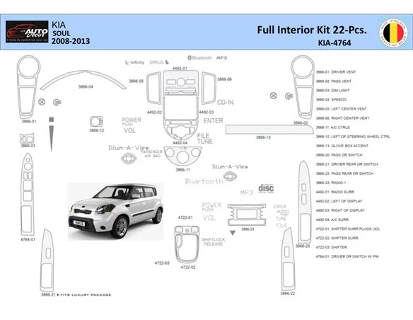 KIA Soul 2011 Interior WHZ Dashboard trim kit 20 Parts - 1 - Interior Dash Trim Kit