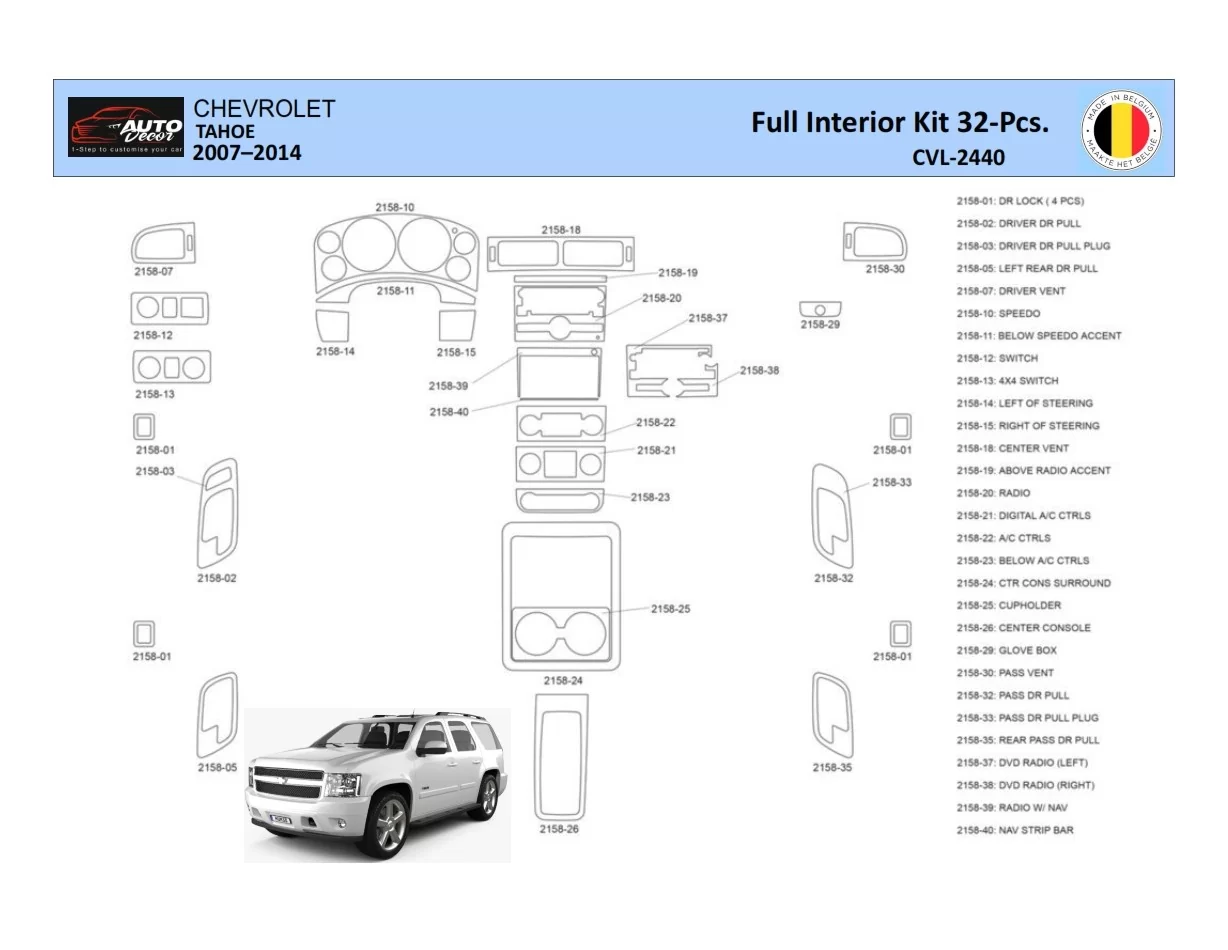 Chevrolet Tahoe 2007-2014 Interior WHZ Dashboard trim kit 32 Parts - 1 - Interior Dash Trim Kit
