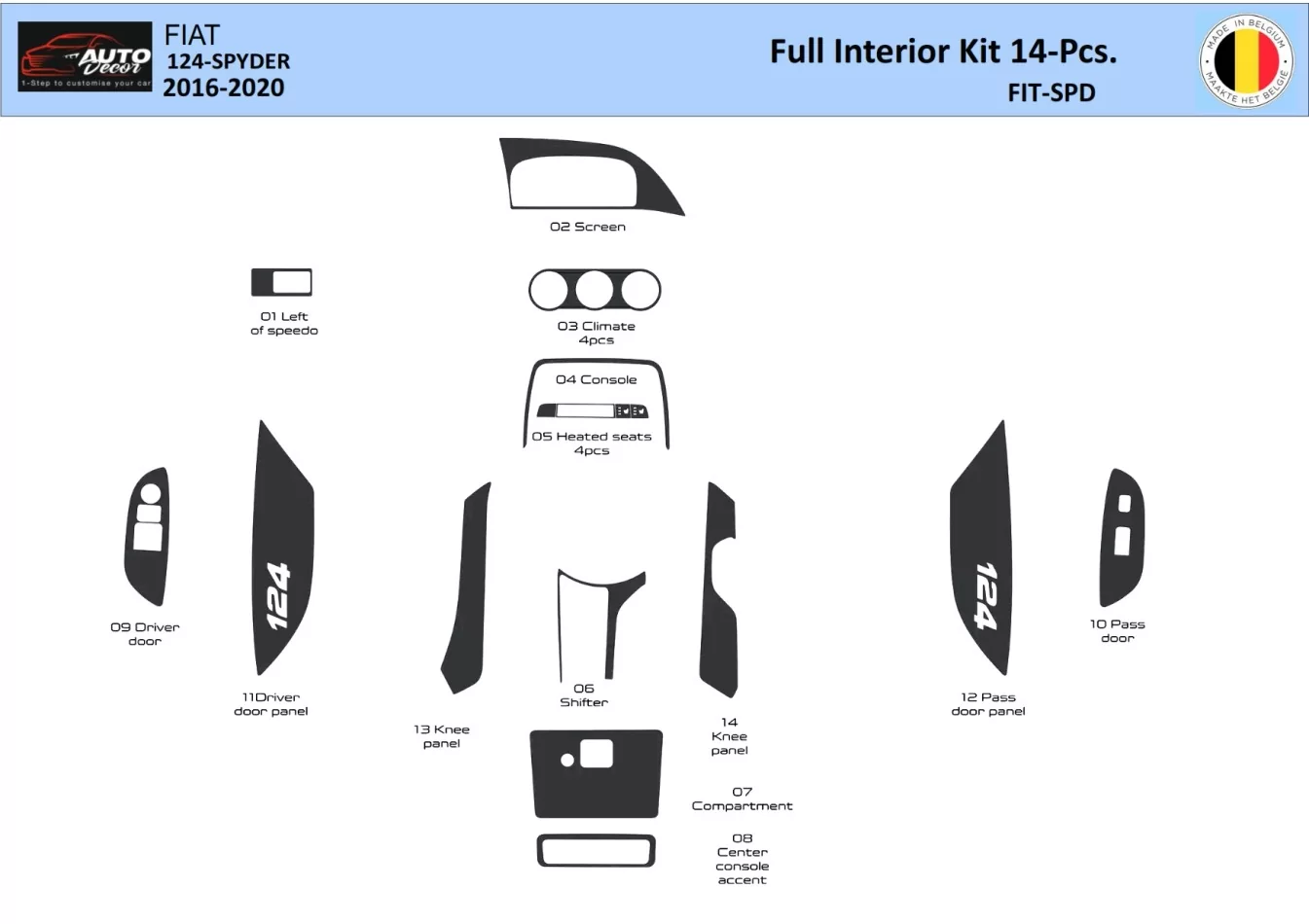 Fiat 124 Spyder 2012-2020 Interior WHZ Dashboard trim kit 14 Parts - 1 - Interior Dash Trim Kit