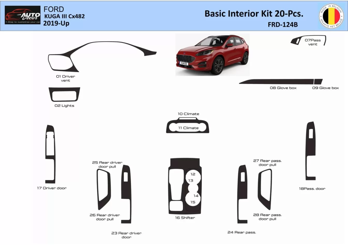 Ford Kuga III 2019-Up Interior WHZ Dashboard trim kit 20 Parts - 1 - Interior Dash Trim Kit