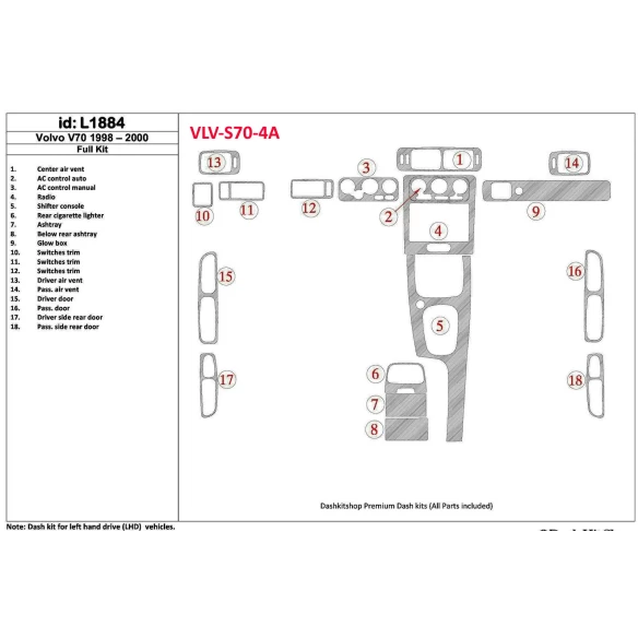 Volvo S70 1998-2000 Full Set, 18 Parts set Interior BD Dash Trim Kit