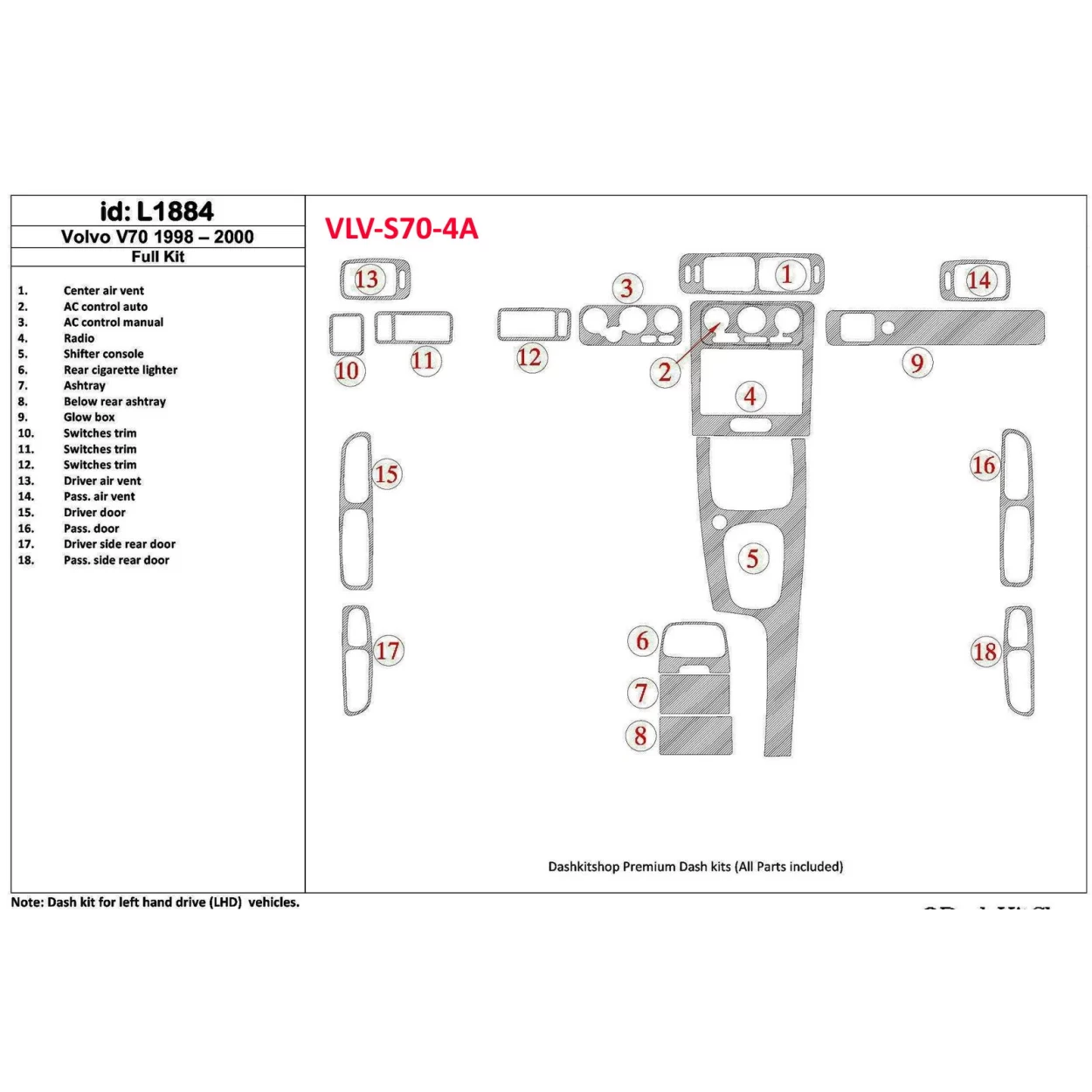 Volvo S70 1998-2000 Full Set, 18 Parts set Interior BD Dash Trim Kit