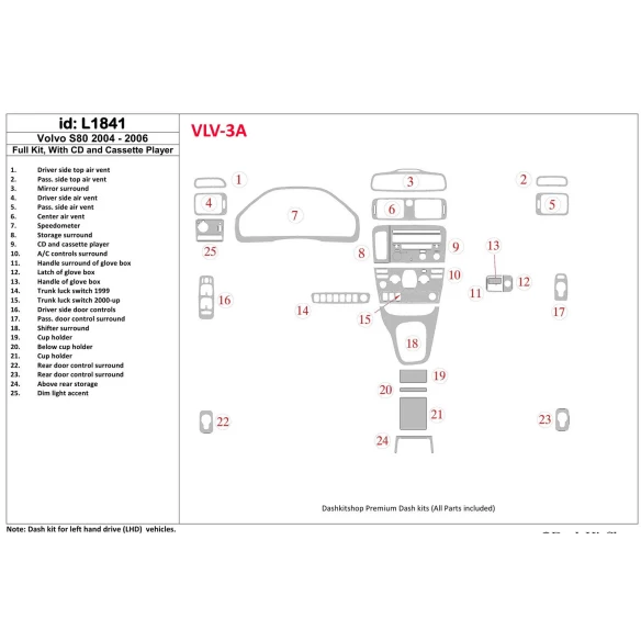 Volvo S80 2004-2006 Full Set, With CD and Compact Casette audio Interior BD Dash Trim Kit