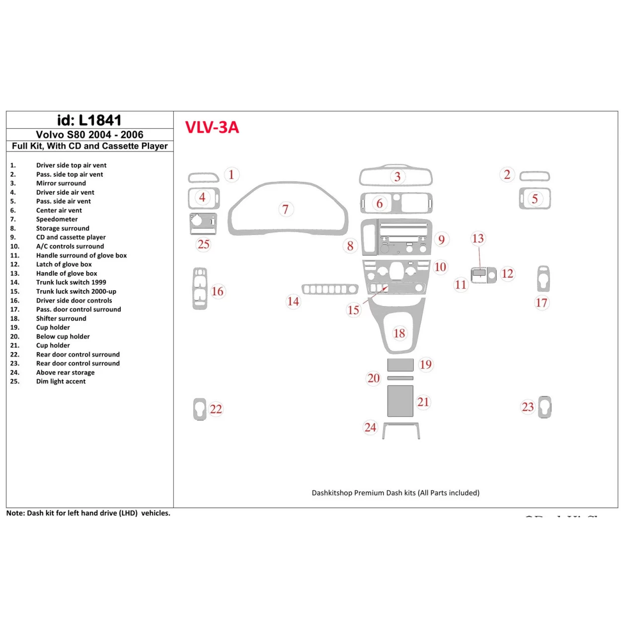 Volvo S80 2004-2006 Full Set, With CD and Compact Casette audio Interior BD Dash Trim Kit